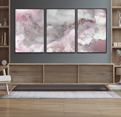 16416-MGV-FC-60X30-3P_Black-Blush Marble Wall Art Canvas Print, Framed Rose Gold Art Picture Print, Pink Cloudy Perfect Modern Glam Decor Artwork