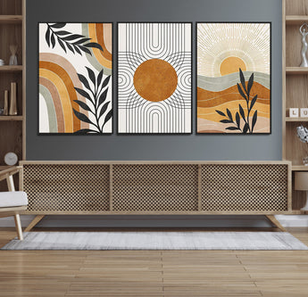 32359-MGV-FC-60X30-3P_Black-Modern Sun Wall Art Canvas Print, Framed Retro Horizon Art Picture Print, Sunburst Design Perfect Mid Century Boho Decor Artwork
