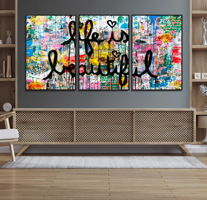 36856-MGV-CV-36X24-Life Is Beautiful Wall Art – Colorful Graffiti Canvas Print, Modern Street Style Artwork, Inspirational Decor for Living Room,