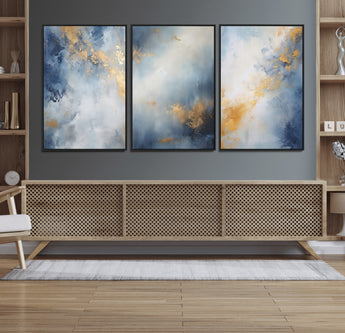 41836-MGV-CV-36X24-Abstract Gold Wall Art Canvas Print, Framed Blue Layers Art Picture Print, Elegant Cloud Perfect Elegant Minimalist Decor Artwork