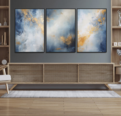 41836-MGV-CV-36X24-Abstract Gold Wall Art Canvas Print, Framed Blue Layers Art Picture Print, Elegant Cloud Perfect Elegant Minimalist Decor Artwork