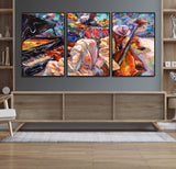 13675-MGV-CV-36X24-Jazz Band Wall Art Canvas Print, Framed Jazz Oil Painting Art Picture Print, Vibrant Music Perfect Abstract Musical Decor Artwork
