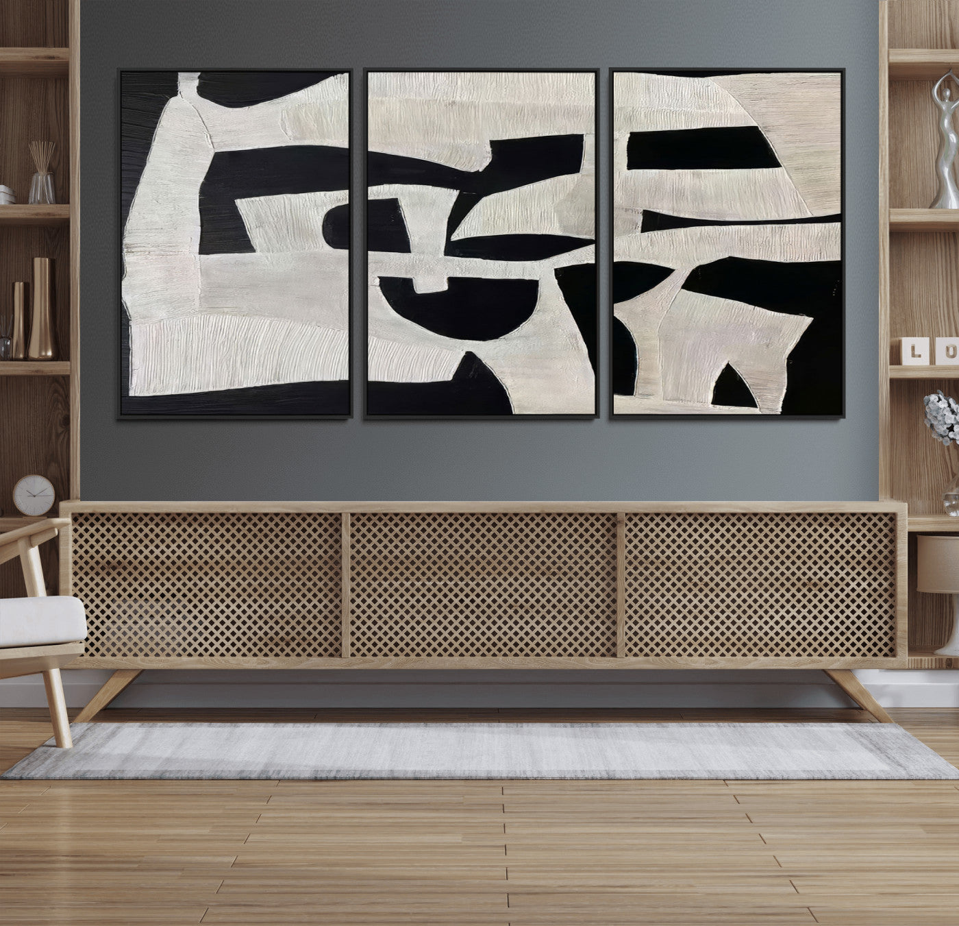 33714-MGV-FC-60X30-3P_Black-Monochrome Design Wall Art Canvas Print, Framed Modern Linework Art Picture Print, Textured Shapes Perfect Monochrome Modern Decor