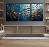 89626-MGV-CV-36X24-Fish Swarm Wall Art Canvas Print, Framed Abstract Ocean Art Picture Print, Underwater Life Perfect Vibrant Coastal Decor Artwork