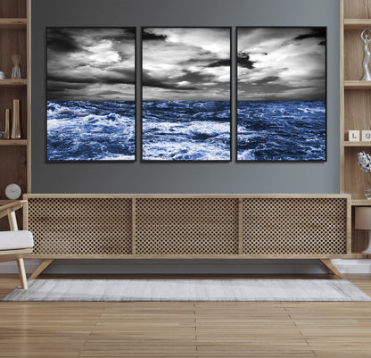91043-MGV-CV-36X24-Stormy Ocean Wall Art Canvas Print, Framed Moody Seascape Art Picture Print, Monochrome Sea Perfect Coastal Drama Decor Artwork