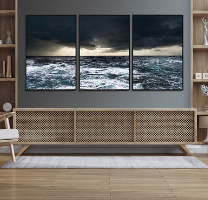 51359-MGV-FC-60X30-3P_Black-Stormy Ocean Wall Art Canvas Print, Framed Moody Seascape Art Picture Print, Ocean Storm Perfect Dramatic Coastal Decor Artwork