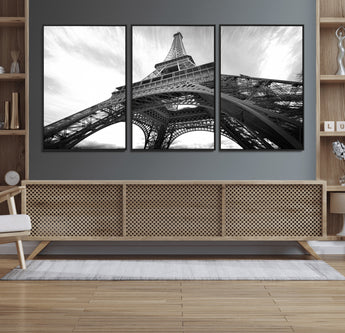 40006-MGV-FC-60X30-3P_Black-Eiffel Tower Wall Art – Black and White Architectural Photo Print, Paris Inspired Decor for Bedroom, Office, Studio or Modern