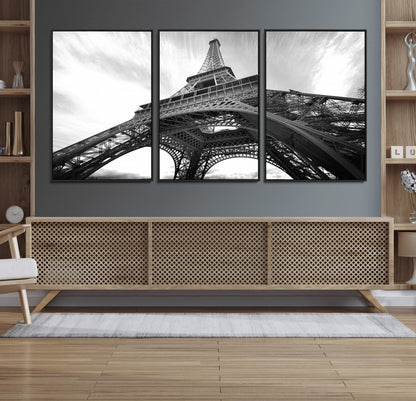 40006-MGV-FC-60X30-3P_Black-Eiffel Tower Wall Art – Black and White Architectural Photo Print, Paris Inspired Decor for Bedroom, Office, Studio or Modern