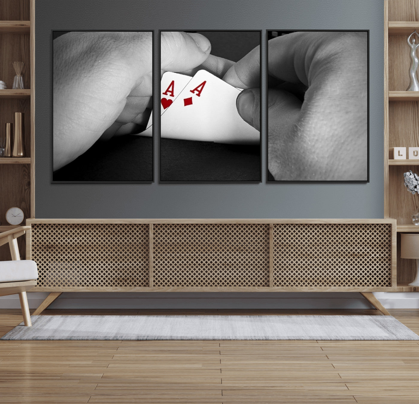 62460-MGV-FC-60X30-3P_Black-Poker Game Wall Art – Close Up of Hands Holding Aces with Chips, Casino Style Decor for Game Room, Man Cave or Office