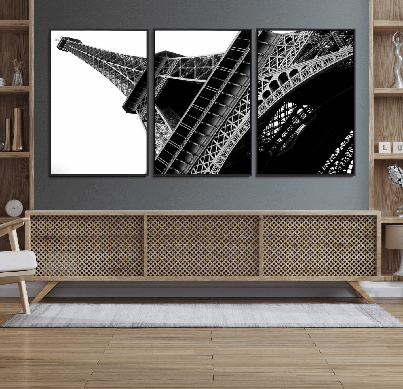 89033-MGV-FC-60X30-3P_Black-Eiffel Tower Wall Art – Dramatic Black and White Architectural Canvas Print, Modern Paris Decor for Office, Living Room or