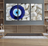 48883-MGV-CV-36X24-Evil Eye Wall Art – Deep Blue Symbol of Presence and Calm on White Stones, Subtle Spiritual Decor for Entryway, Studio, Office or