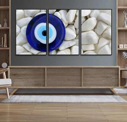 48883-MGV-CV-36X24-Evil Eye Wall Art – Deep Blue Symbol of Presence and Calm on White Stones, Subtle Spiritual Decor for Entryway, Studio, Office or