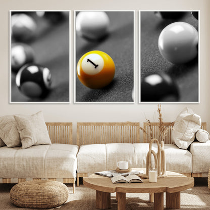 52108-MGV-FC-60X30-3P_White-Precision Pool Table Wall Art – Close Up Yellow 1 Ball Canvas Print, Hand-Played Billiards Game Decor for Office, Game Room, or