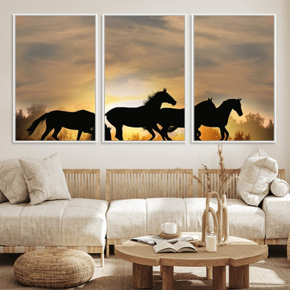 16620-MGV-CV-36X24-Sunset Stallions Wall Art – Silhouetted Horses Running Canvas Print, Nature’s Rhythm, Perfect for Living Room, Office, or Man Cave
