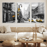 32362-MGV-CV-36X24-NYC Street Wall Art – Black and White Cityscape with Yellow Taxis and Umbrella Canvas Print, Urban Home Decor for Living Room or