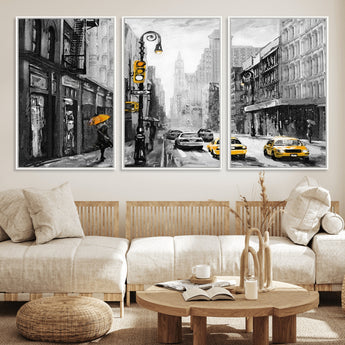 32362-MGV-CV-36X24-NYC Street Wall Art – Black and White Cityscape with Yellow Taxis and Umbrella Canvas Print, Urban Home Decor for Living Room or