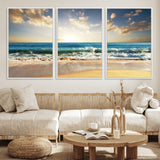 13139-MGV-FC-60X30-3P_White-Sunrise Beach Wall Art – Ocean Waves and Golden Sand Canvas Print, Coastal Home Decor for Living Room, Bedroom, or Office
