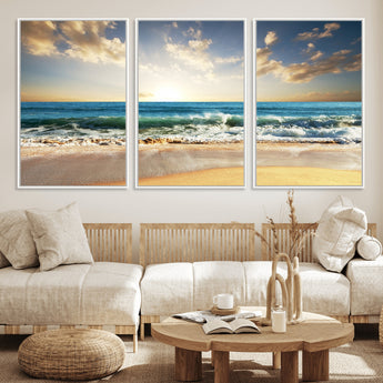 13139-MGV-FC-60X30-3P_White-Sunrise Beach Wall Art – Ocean Waves and Golden Sand Canvas Print, Coastal Home Decor for Living Room, Bedroom, or Office