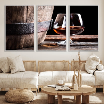 50839-MGV-FC-60X30-3P_White-Barrel & Brandy Wall Art – Rustic Whiskey Barrel and Brandy Glass Canvas Print, Elegant Home Bar or Lounge Decor for Office, Man