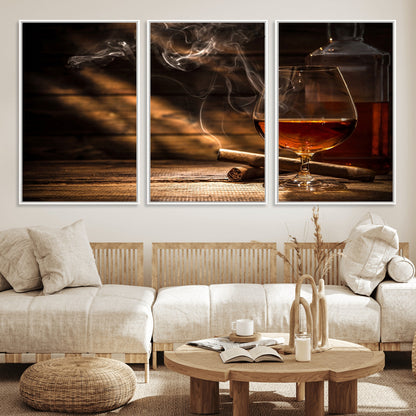 92305-MGV-FC-60X30-3P_White-Whiskey & Cigar Wall Art – Moody Whiskey and Cigar Canvas Print, Sophisticated Bar or Home Lounge Decor for Office, Man Cave or