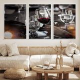 75513-MGV-FC-60X30-3P_White-Elegant Wine Toast Wall Art – Close-Up Red Wine Glass at Dinner Table Canvas Print, Sophisticated Dining Room or Bar Decor