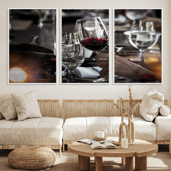 75513-MGV-FC-60X30-3P_White-Elegant Wine Toast Wall Art – Close-Up Red Wine Glass at Dinner Table Canvas Print, Sophisticated Dining Room or Bar Decor