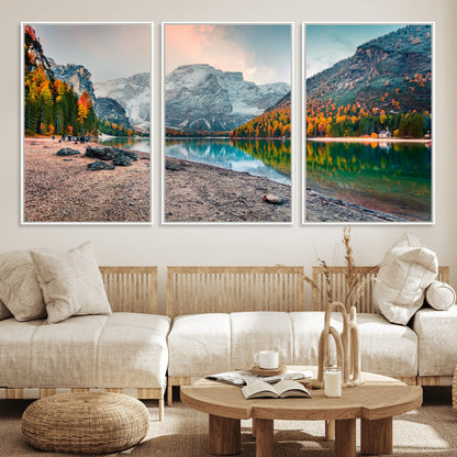 25982-MGV-FC-60X30-3P_White-Autumn Mountain Lake Wall Art – Panoramic Fall Foliage and Snowy Peaks Canvas Print, Scenic Nature Decor for Living Room or Office