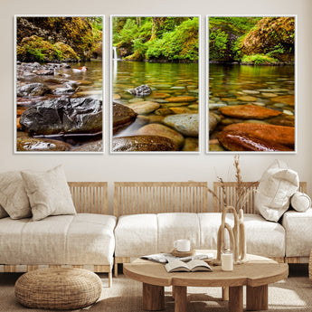 98096-MGV-FC-60X30-3P_White-Serene River Waterfall Nature Photo – Calm Clear Water, Vibrant Green Forest and Smooth Stones Landscape Wall Art for Home or