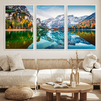 10402-MGV-FC-60X30-3P_White-Snowy Mountain Lake Wall Art – Autumn Landscape Canvas Print with Reflection, Nature Decor for Living Room, Office, Bedroom or