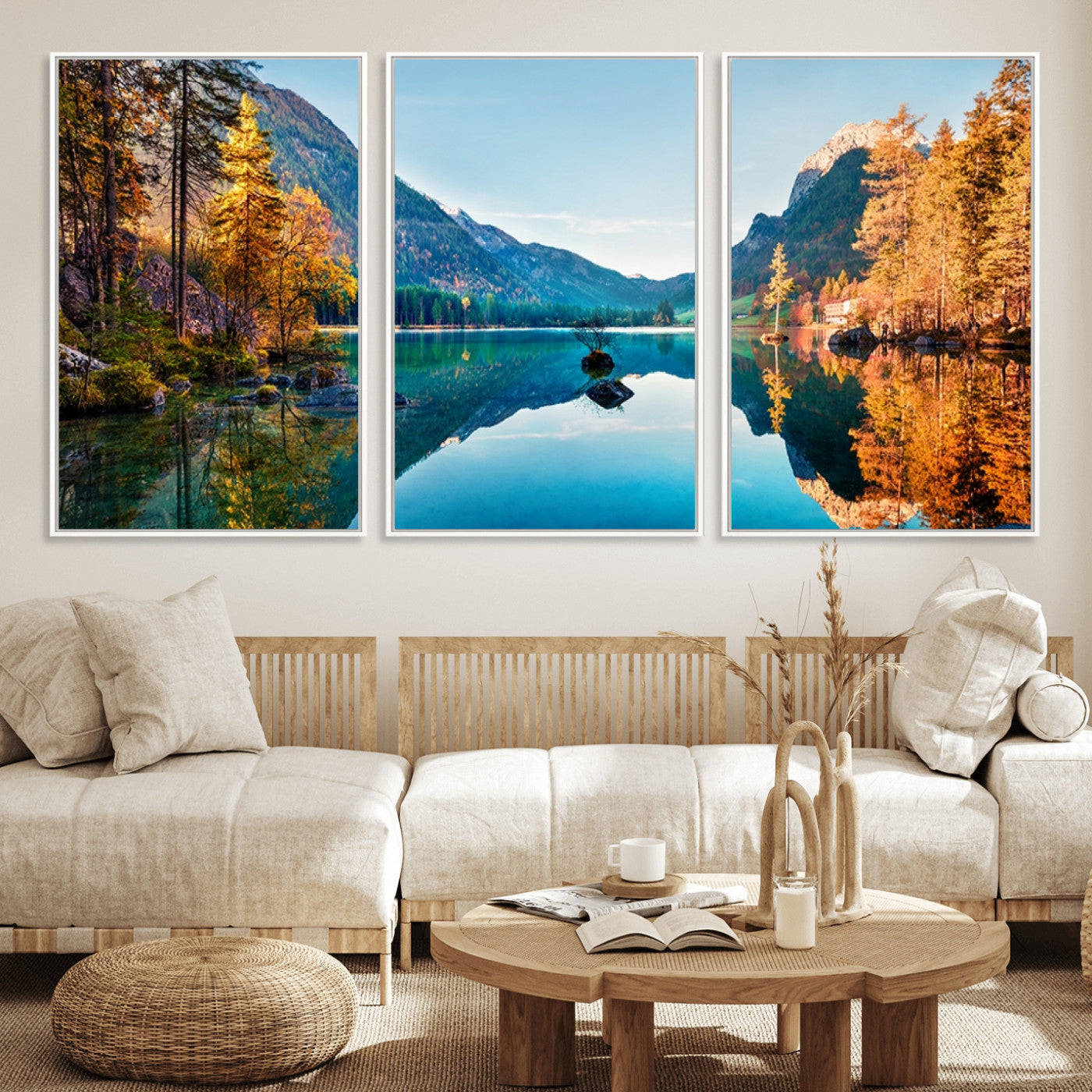 32962-MGV-FC-60X30-3P_White-Mountain Lake Wall Art – Tranquil Autumn Landscape Canvas Print, Nature Reflection Decor for Living Room, Bedroom, Office or Cabin