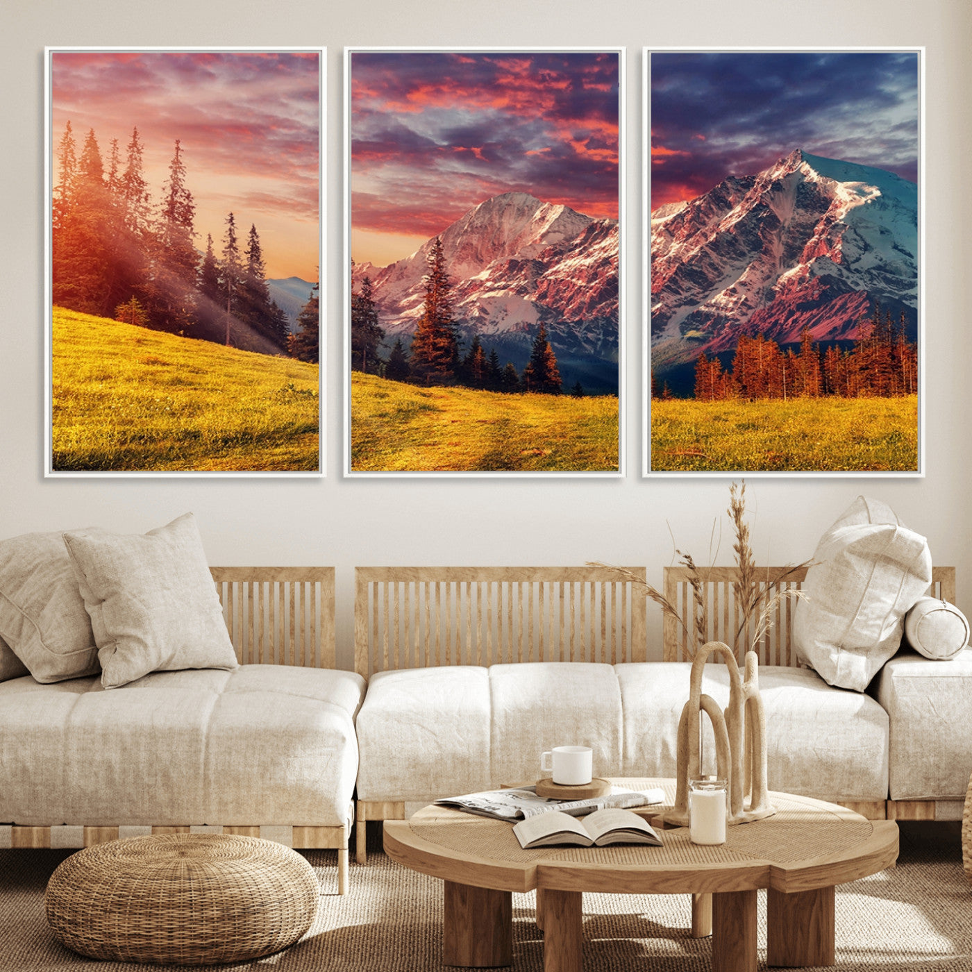 83947-MGV-CV-36X24-Sunset Mountain Landscape Wall Art – Panoramic Alpine Meadow and Snow Capped Peaks Canvas Print, Nature Scenic Decor for Home,