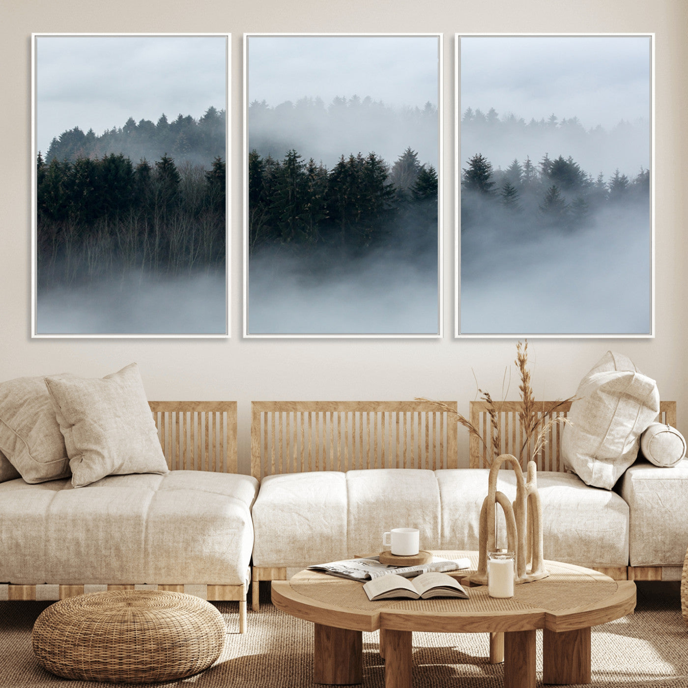 42596-MGV-FC-60X30-3P_White-Misty Forest Wall Art – Atmospheric Pine Trees Canvas Print, Nature Landscape Decor for Living Room, Bedroom, Office, or Cabin