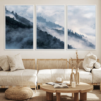 85737-MGV-FC-60X30-3P_White-Misty Mountain Wall Art – Atmospheric Pine Forest Canvas Print with Fog and Mist, Calm Nature Decor for Living Room, Bedroom,