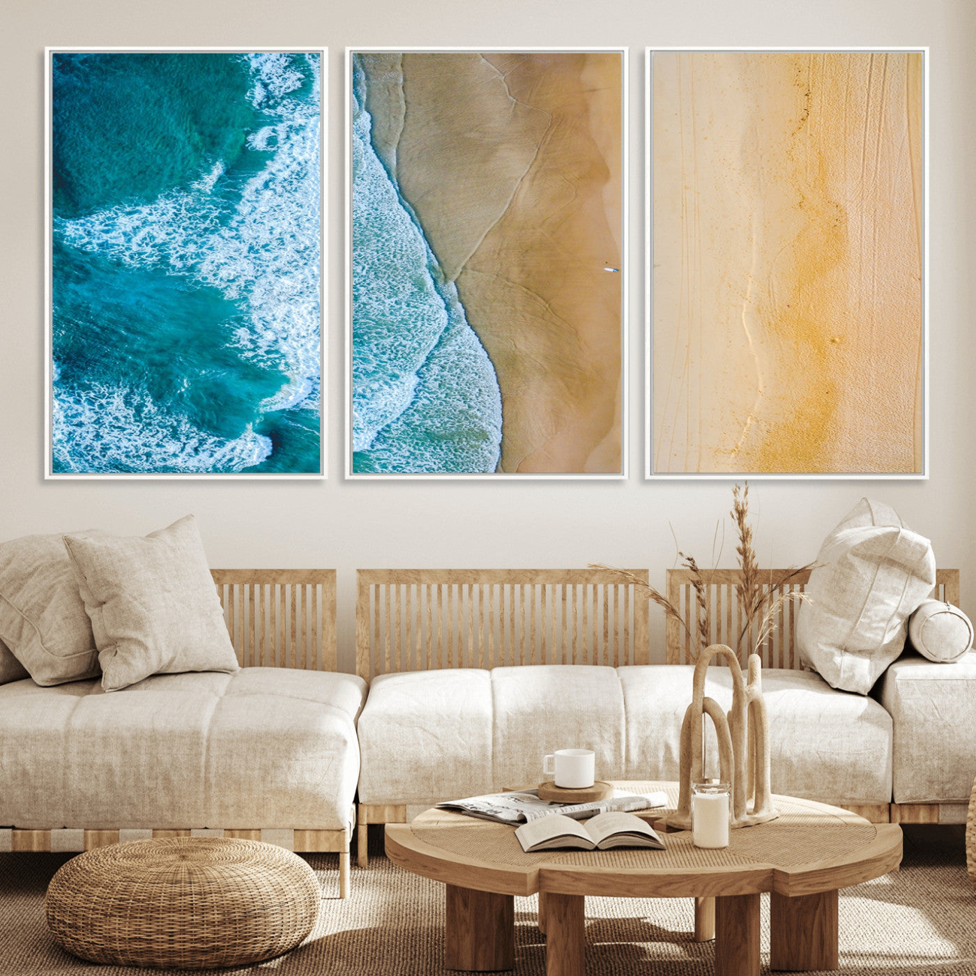 46640-MGV-FC-60X30-3P_White-Aerial Beach Wall Art – Turquoise Waves and Golden Sand Canvas Print with Lone Surfer, Coastal Ocean Decor for Living Room,