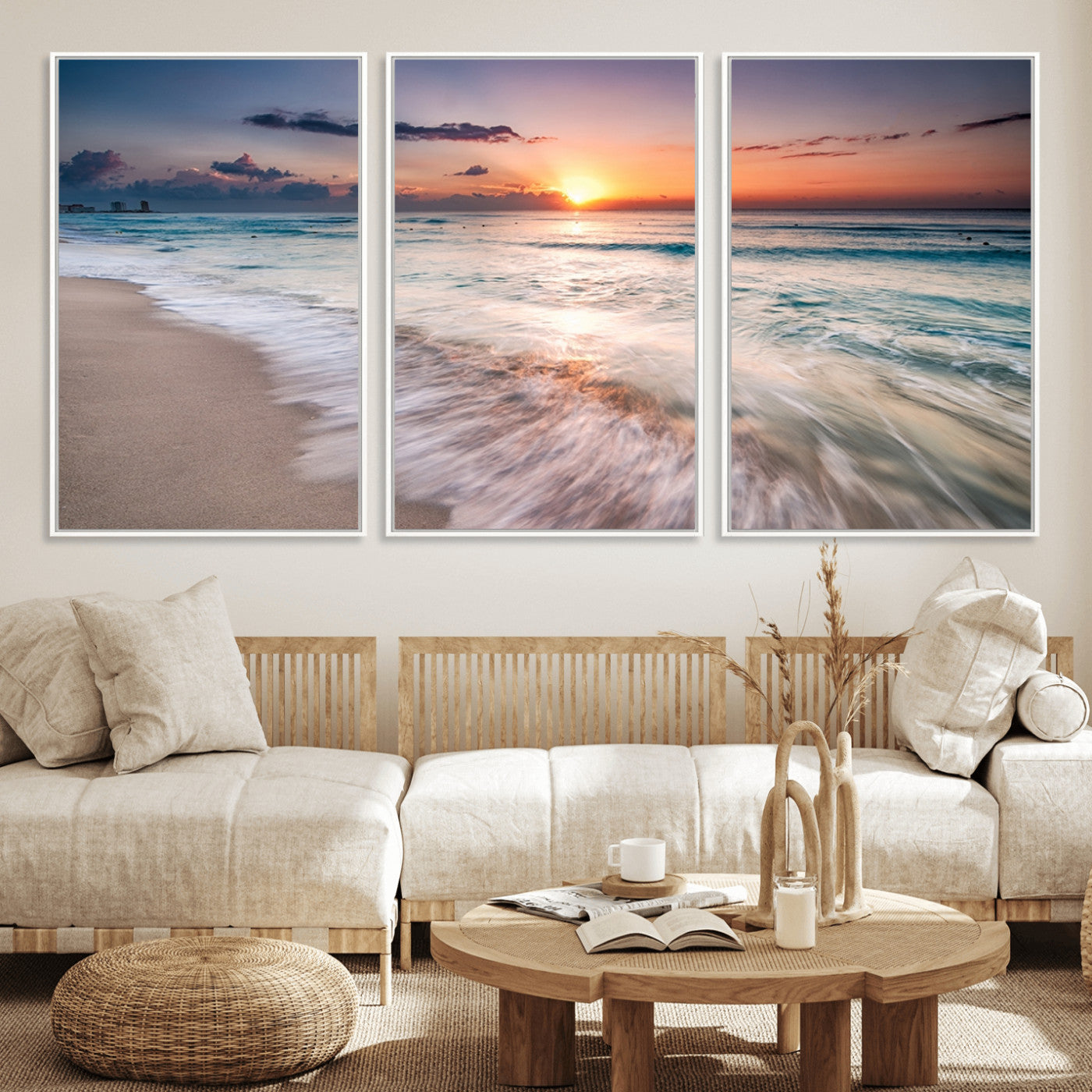 71849-MGV-FC-60X30-3P_White-Sunrise Ocean Beach Wall Art – Serene Seascape Canvas Print with Gentle Waves, Coastal Nature Decor for Bedroom, Living Room or