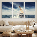 75430-MGV-FC-60X30-3P_White-Sailing Boat Wall Art – Dynamic Ocean Yacht Canvas Print, Nautical Decor for Living Room, Office, Beach House or Cabin
