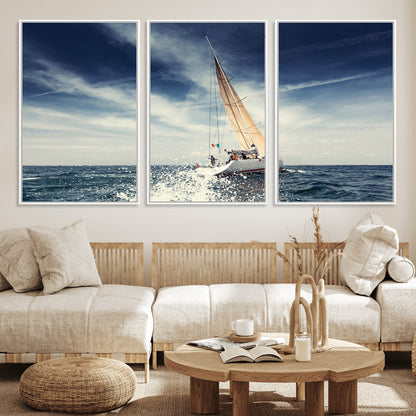 75430-MGV-FC-60X30-3P_White-Sailing Boat Wall Art – Dynamic Ocean Yacht Canvas Print, Nautical Decor for Living Room, Office, Beach House or Cabin