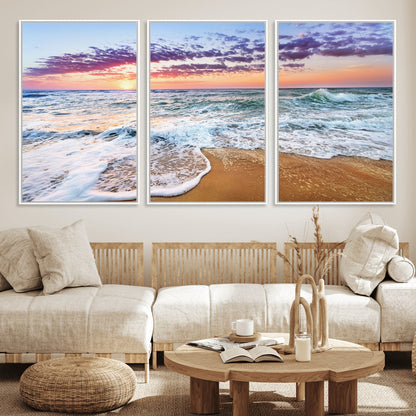 53006-MGV-FC-60X30-3P_White-Ocean Beach Sunset Wall Art – Vibrant Seascape Canvas Print, Coastal Home Decor for Living Room, Bedroom, Office or Beach House