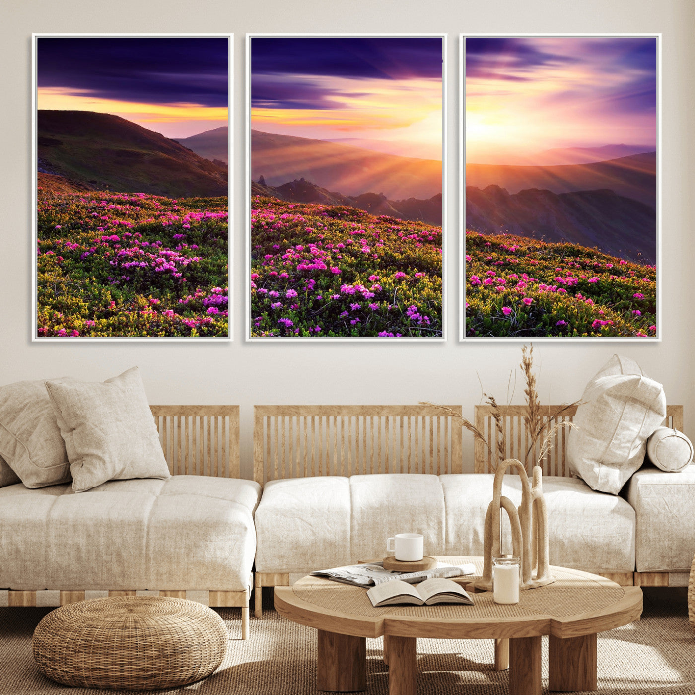 49741-MGV-FC-60X30-3P_White-Mountain Sunrise Wall Art – Vibrant Floral Landscape Canvas Print, Nature Home Decor for Living Room, Bedroom Office or Cabin