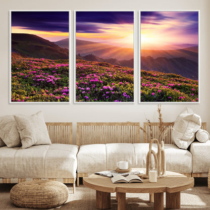 49741-MGV-FC-60X30-3P_White-Mountain Sunrise Wall Art – Vibrant Floral Landscape Canvas Print, Nature Home Decor for Living Room, Bedroom Office or Cabin