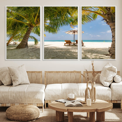 83601-MGV-FC-60X30-3P_White-Tropical Beach Wall Art – Serene Palm Trees and Lounge Chairs Canvas Print, Relaxing Coastal Decor for Living Room, Bedroom or