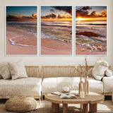 38302-MGV-FC-60X30-3P_White-Sunset Beach Wall Art – Stunning Ocean Waves and Rock Canvas Print, Warm Coastal Decor for Living Room, Bedroom, Office or Beach