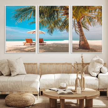 69754-MGV-FC-60X30-3P_White-Tropical Beach Wall Art – Relaxing Palm Tree and Lounge Chairs Canvas Print, Serene Coastal Decor for Living Room, Bedroom, Office