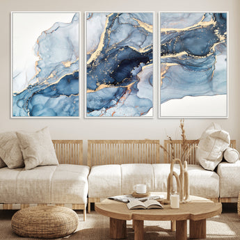 33782-MGV-FC-60X30-3P_White-Abstract Marble Wall Art – Blue & Gold Fluid Painting Canvas Print, Modern Home Decor for Living Room, Bedroom or Office