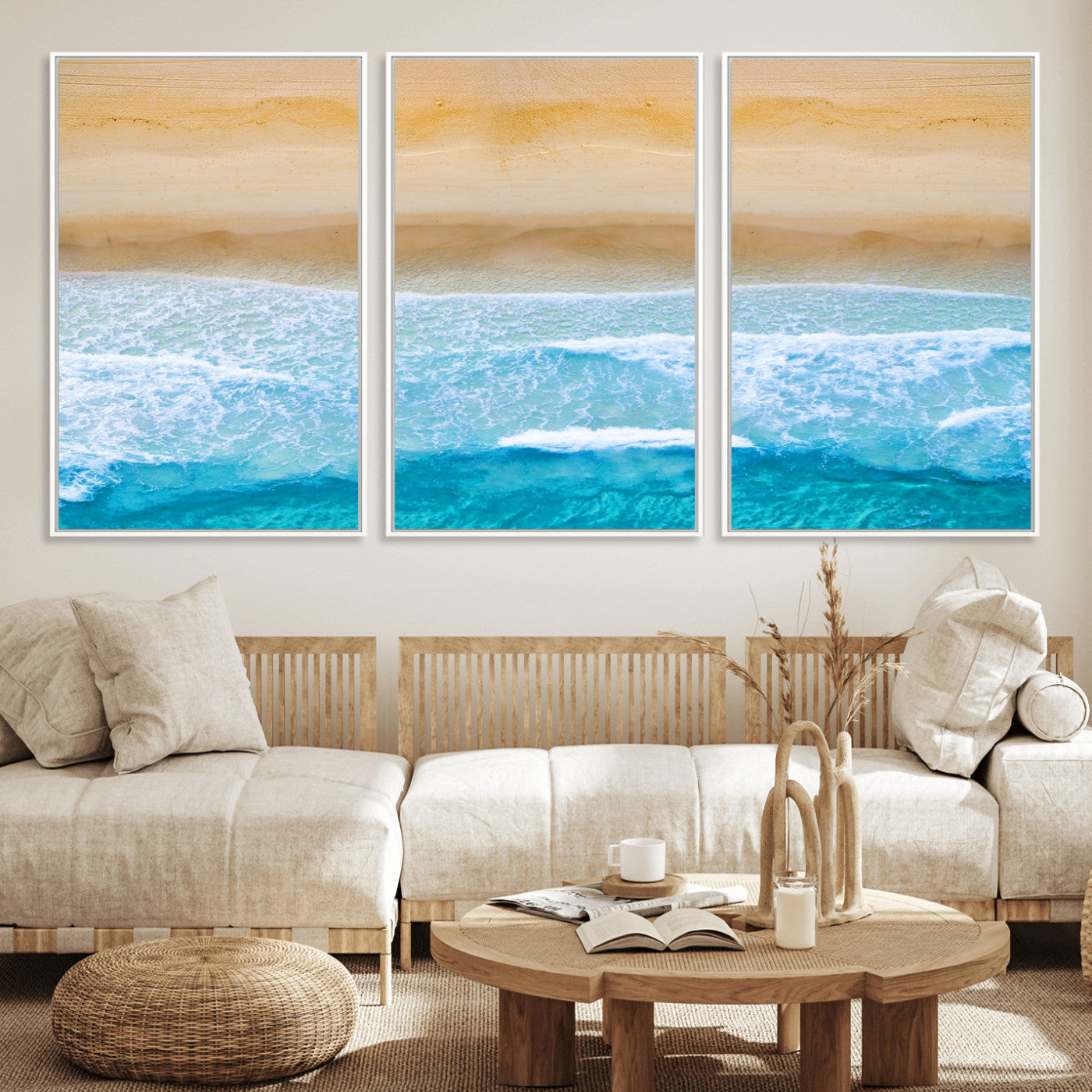 43046-MGV-FC-60X30-3P_White-Aerial Beach Wall Art – Serene Ocean Waves & Sandy Shore Canvas Print, Coastal Home Decor for Living Room, Bedroom or Office