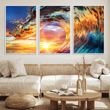 52890-MGV-FC-60X30-3P_White-Surfing Wave Wall Art Canvas Print, Framed Sunset Ocean Art Picture Print, Ocean Wave Perfect Nautical Decor Artwork