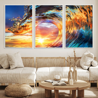 52890-MGV-FC-60X30-3P_White-Surfing Wave Wall Art Canvas Print, Framed Sunset Ocean Art Picture Print, Ocean Wave Perfect Nautical Decor Artwork