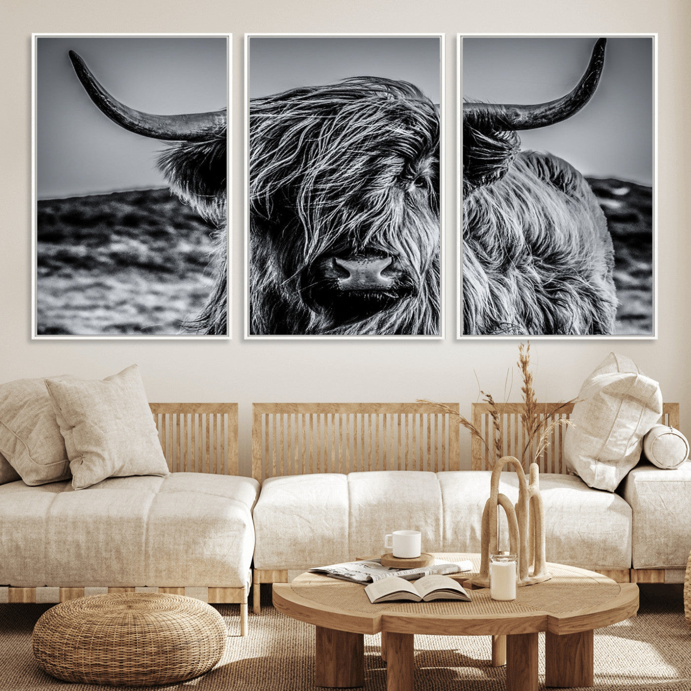 97372-MGV-FC-60X30-3P_White-Elegant Highland Cow Wall Art – Black and White Canvas Print, Rustic Nature Decor for Home, Office, Living Room or Man Cave
