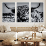 97372-MGV-FC-60X30-3P_White-Elegant Highland Cow Wall Art – Black and White Canvas Print, Rustic Nature Decor for Home, Office, Living Room or Man Cave