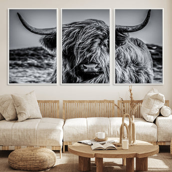 97372-MGV-FC-60X30-3P_White-Elegant Highland Cow Wall Art – Black and White Canvas Print, Rustic Nature Decor for Home, Office, Living Room or Man Cave